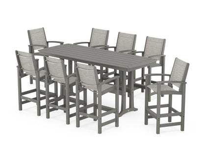 POLYWOOD® Coastal 9-Piece Bar Set with Trestle Legs in Slate Grey / Birch Sling