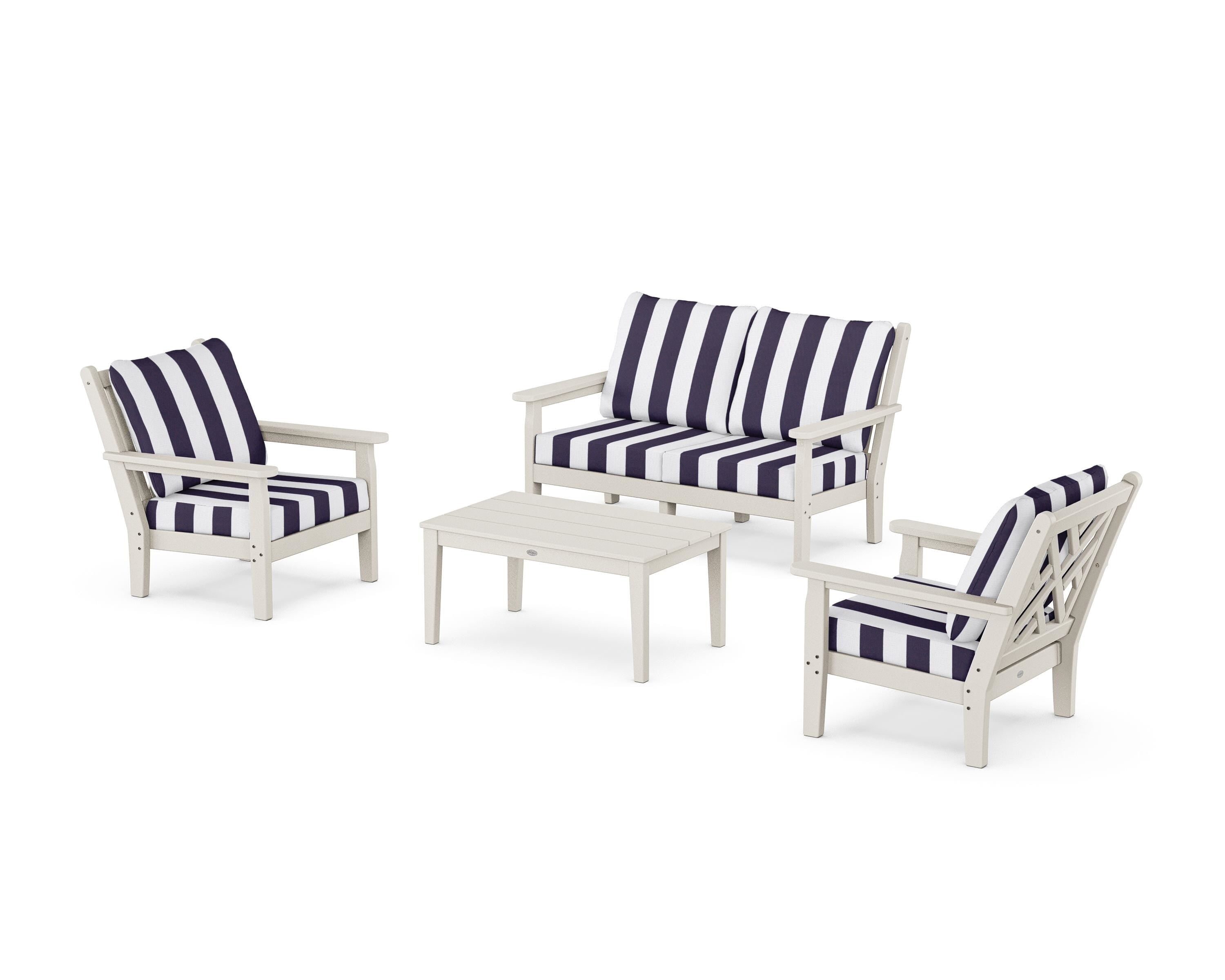POLYWOOD® Chippendale 4-Piece Deep Seating Set with Loveseat in Sand / Cabana Stripe Navy