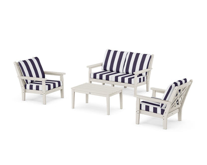 POLYWOOD® Chippendale 4-Piece Deep Seating Set with Loveseat in Sand / Cabana Stripe Navy