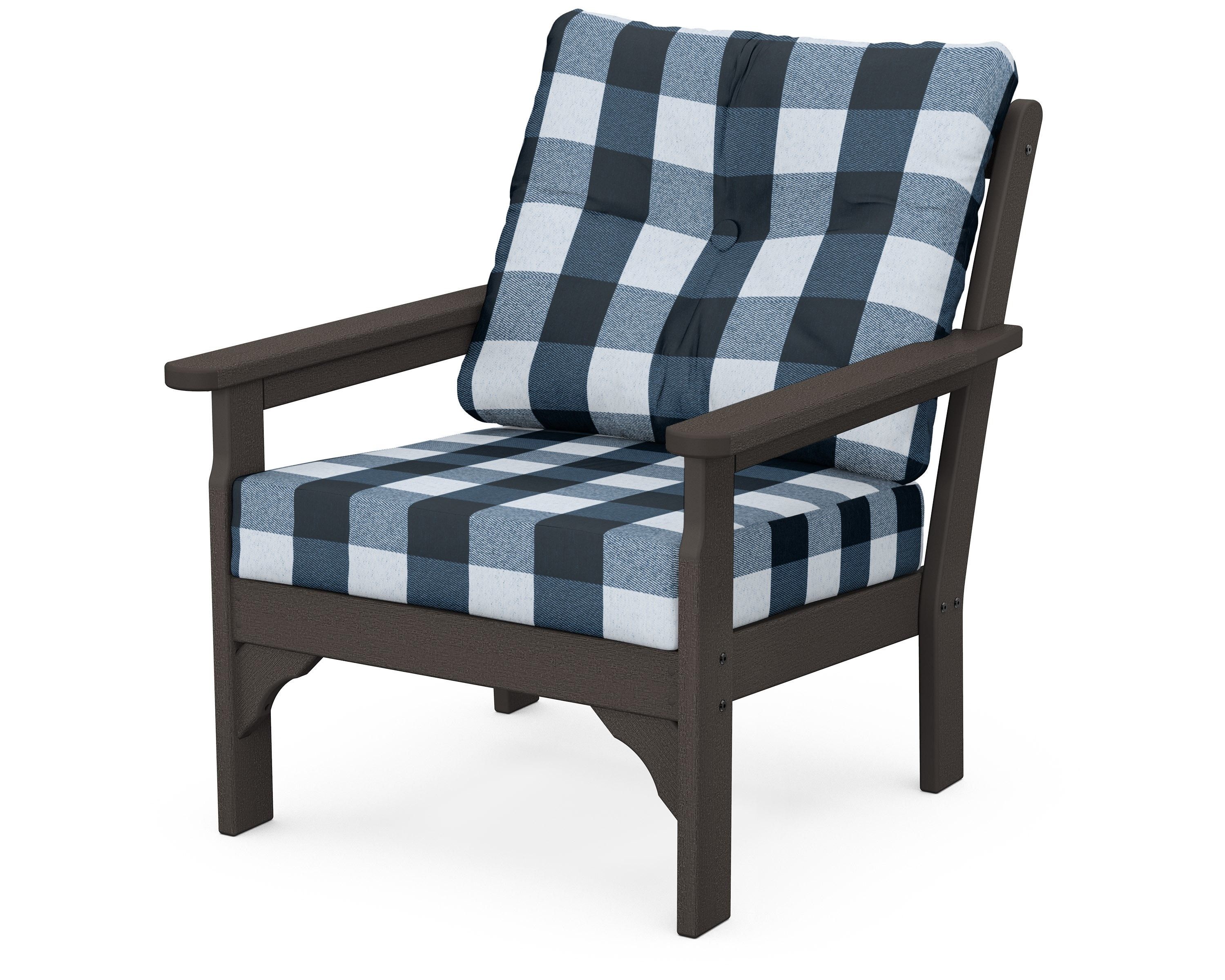 POLYWOOD® Vineyard Deep Seating Chair in Vintage Coffee / Buffalo Plaid Marine Indigo