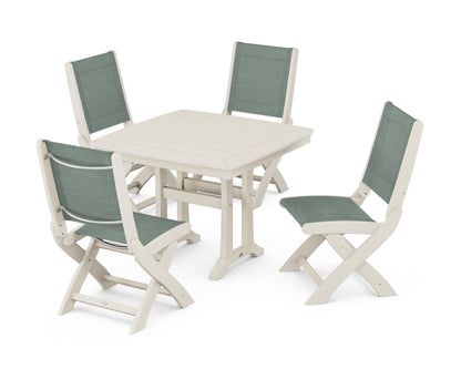 POLYWOOD® Coastal Folding Side Chair 5-Piece Dining Set with Trestle Legs in Sand / Dupioni Sea Mist Sling