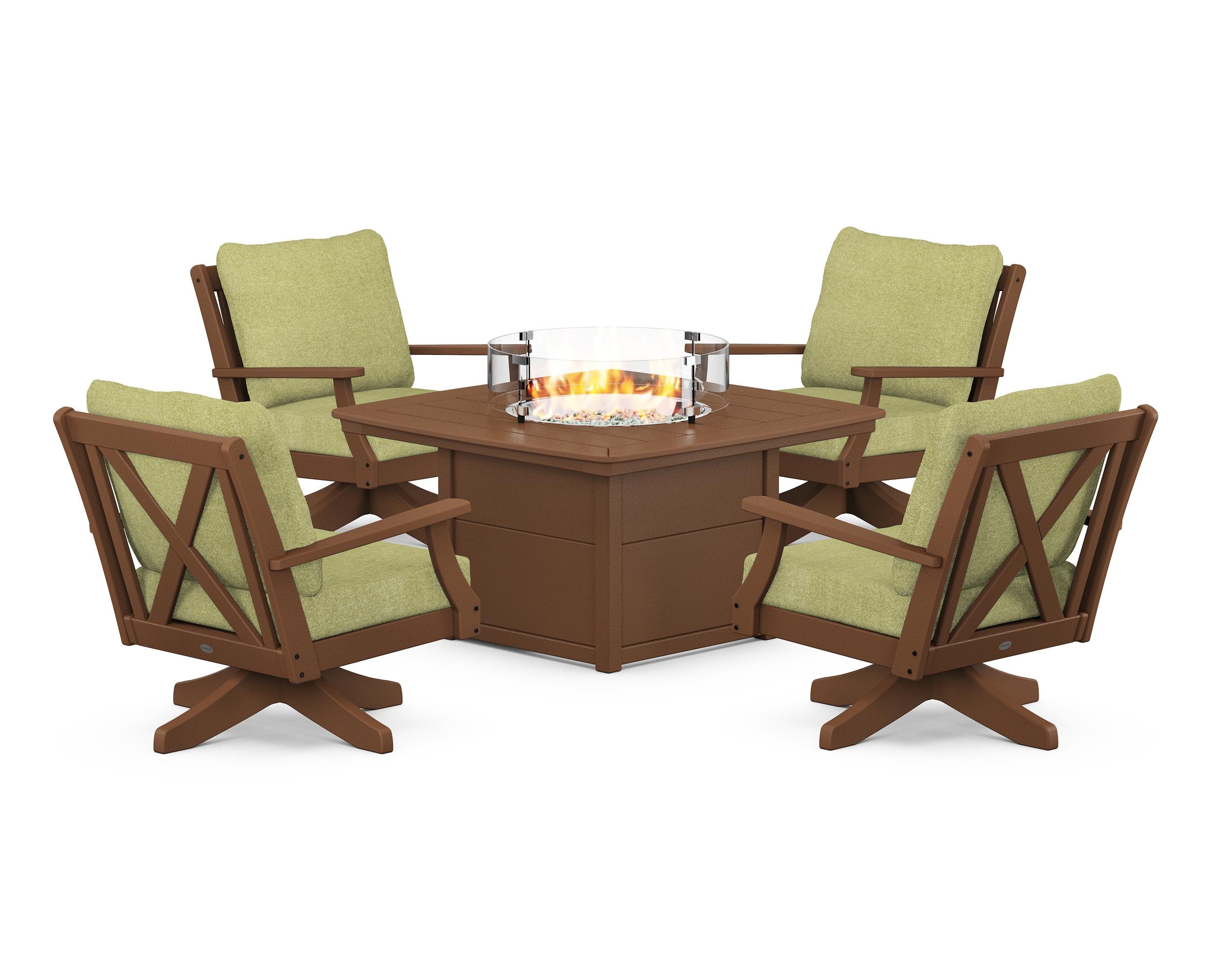 POLYWOOD® Braxton 5-Piece Deep Seating Swivel Conversation Set with Fire Pit Table in Teak / Chartreuse Boucle