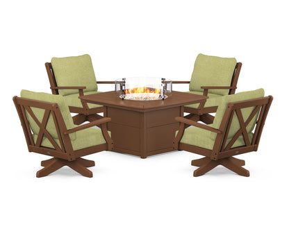 POLYWOOD® Braxton 5-Piece Deep Seating Swivel Conversation Set with Fire Pit Table in Teak / Chartreuse Boucle