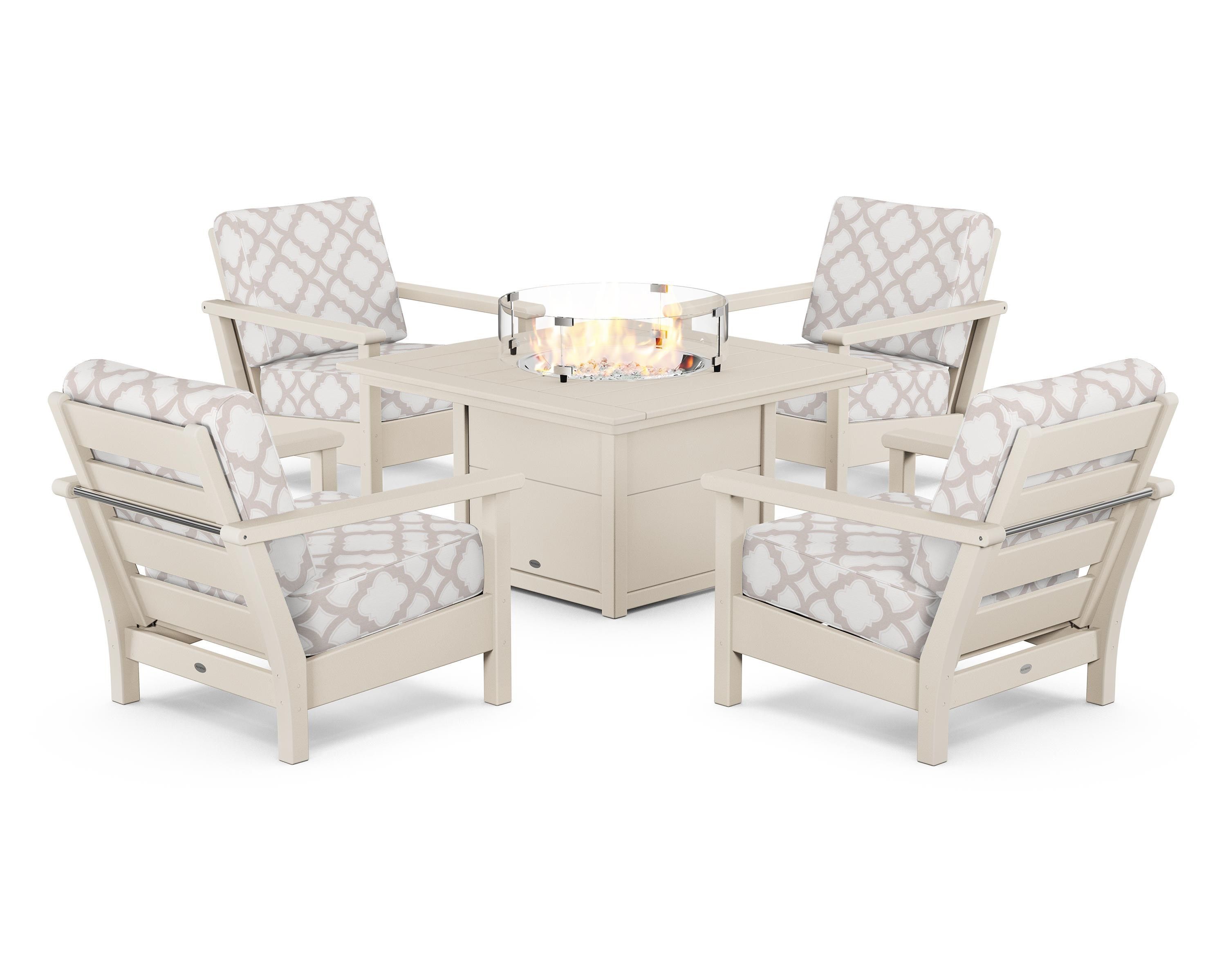 POLYWOOD® Harbour 5-Piece Conversation Set with Fire Pit Table in Sand / Trellis Dune Burlap