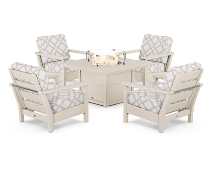 POLYWOOD® Harbour 5-Piece Conversation Set with Fire Pit Table in Sand / Trellis Dune Burlap
