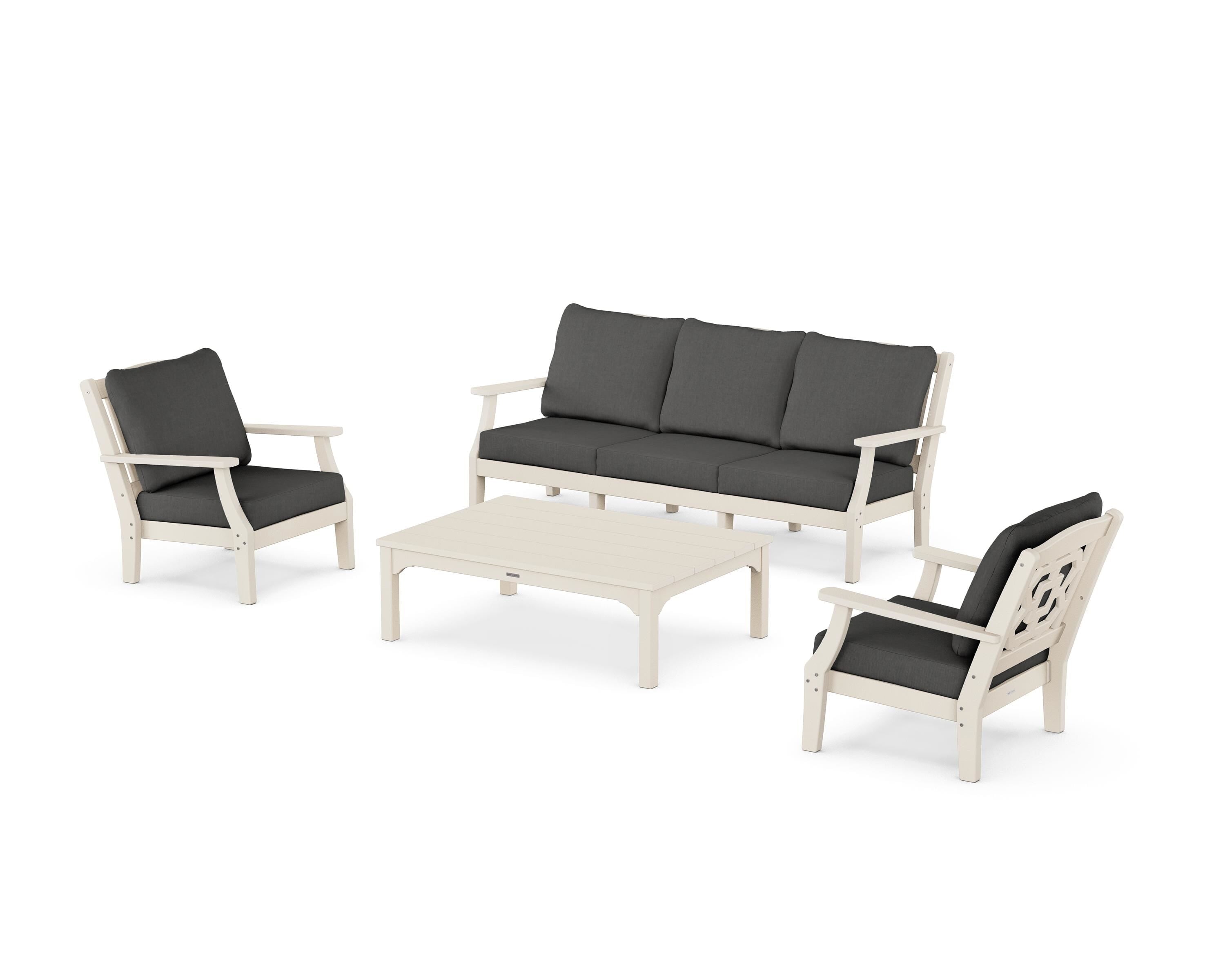 Martha Stewart by POLYWOOD® Chinoiserie 4-Piece Deep Seating Set with Sofa in Sand / Spectrum Carbon