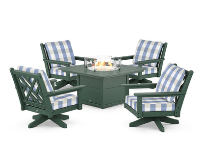 POLYWOOD® Chippendale 5-Piece Deep Seating Swivel Conversation Set with Fire Pit Table in Green / Buffalo Plaid Sky Blue