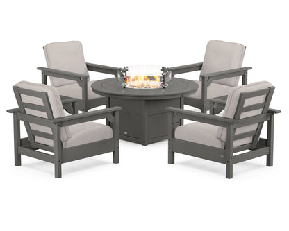 POLYWOOD® Club 5-Piece Conversation Set with Fire Pit Table in Slate Grey / Dune Burlap