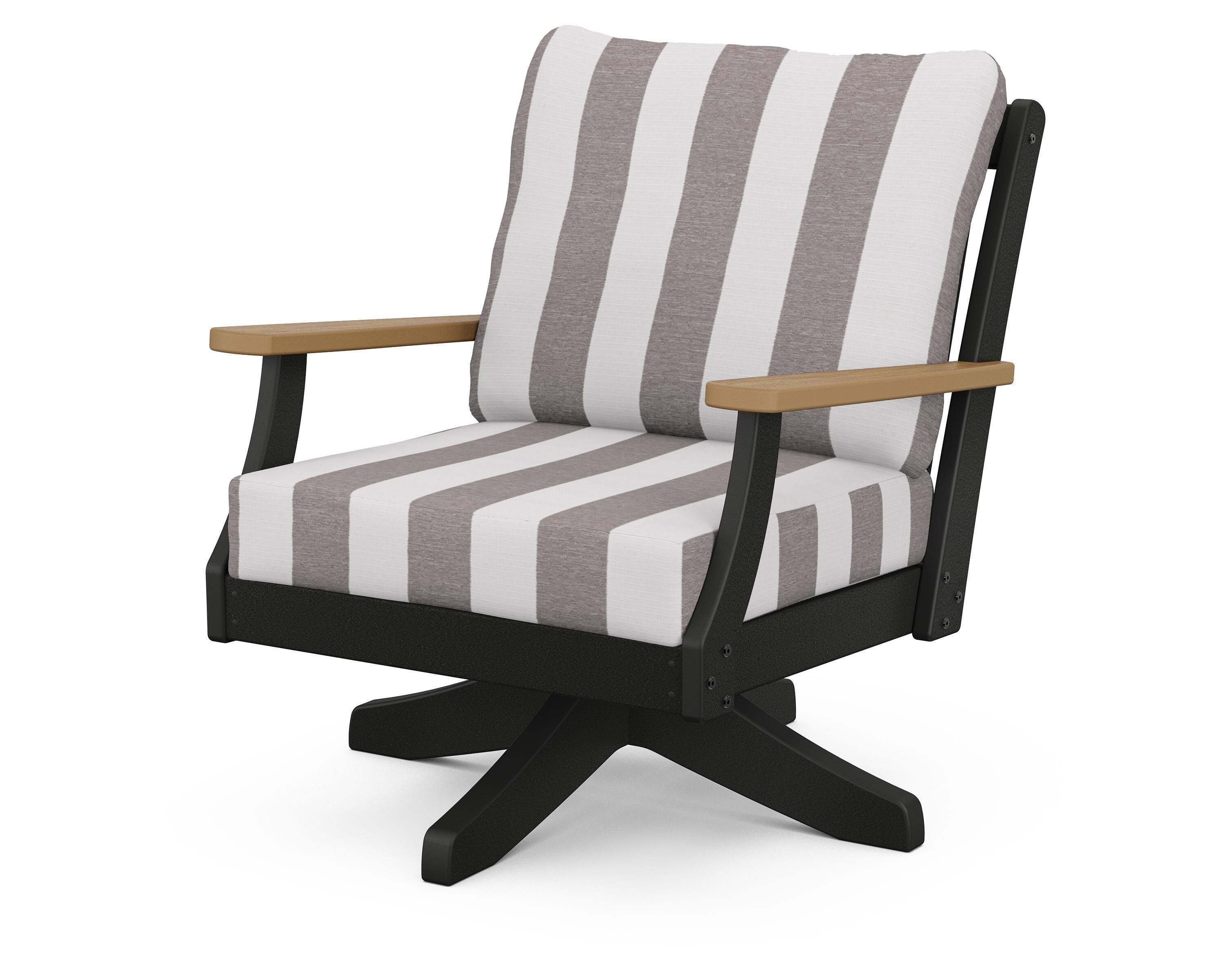 POLYWOOD® Braxton Deep Seating Swivel Chair in Black / Natural / Cabana Stripe Grey Mist