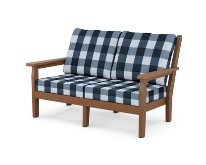 POLYWOOD® Chippendale Deep Seating Loveseat in Teak / Buffalo Plaid Marine Indigo
