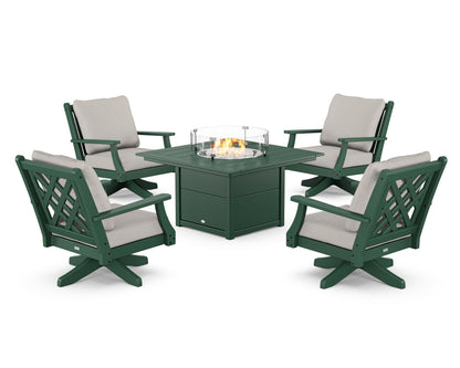 Country Living Wovendale 5-Piece Deep Seating Swivel Conversation Set with Fire Pit Table in Green / Cast Ash