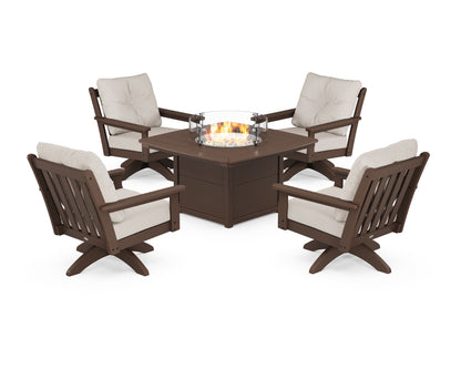 POLYWOOD® Vineyard 5-Piece Deep Seating Swivel Conversation Set with Fire Pit Table in Mahogany / Cast Ash