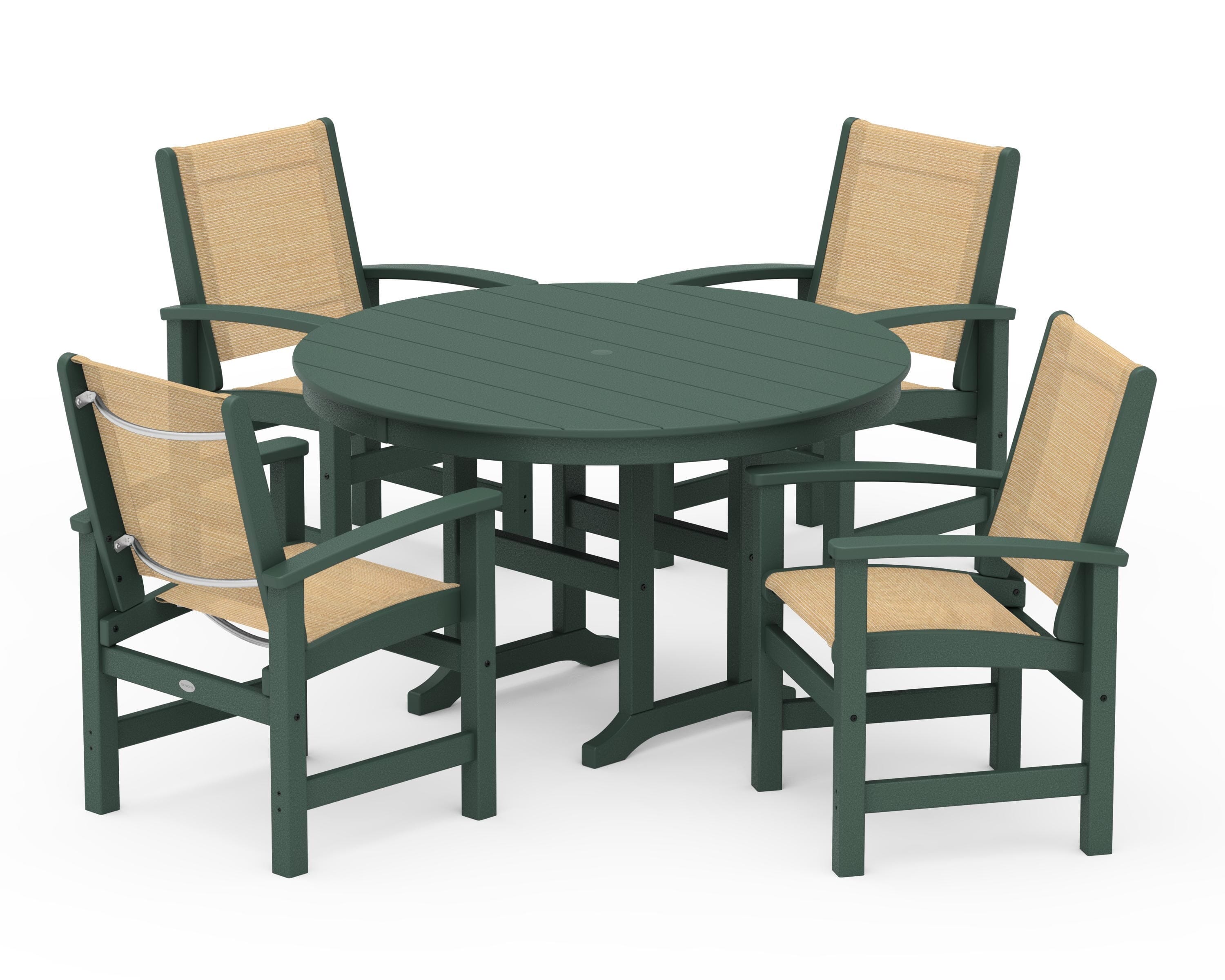 POLYWOOD® Coastal 5-Piece Round Farmhouse Dining Set in Green / Dupioni Apricot Sling