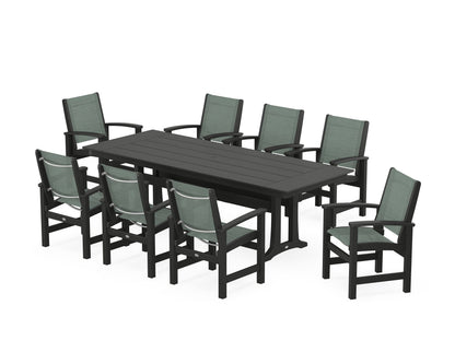 POLYWOOD® Coastal 9-Piece Farmhouse Dining Set with Trestle Legs in Black / Dupioni Sea Mist Sling