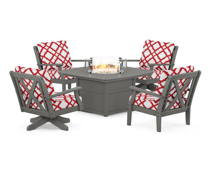 POLYWOOD® Braxton 5-Piece Deep Seating Set with Fire Table in Slate Grey / Trellis Crimson