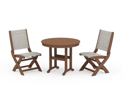POLYWOOD® Coastal Folding Side Chair 3-Piece Round Dining Set in Teak / Birch Sling