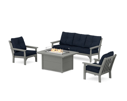 POLYWOOD® Vineyard Deep Seating Fire Pit Table Set in Slate Grey / Marine Indigo