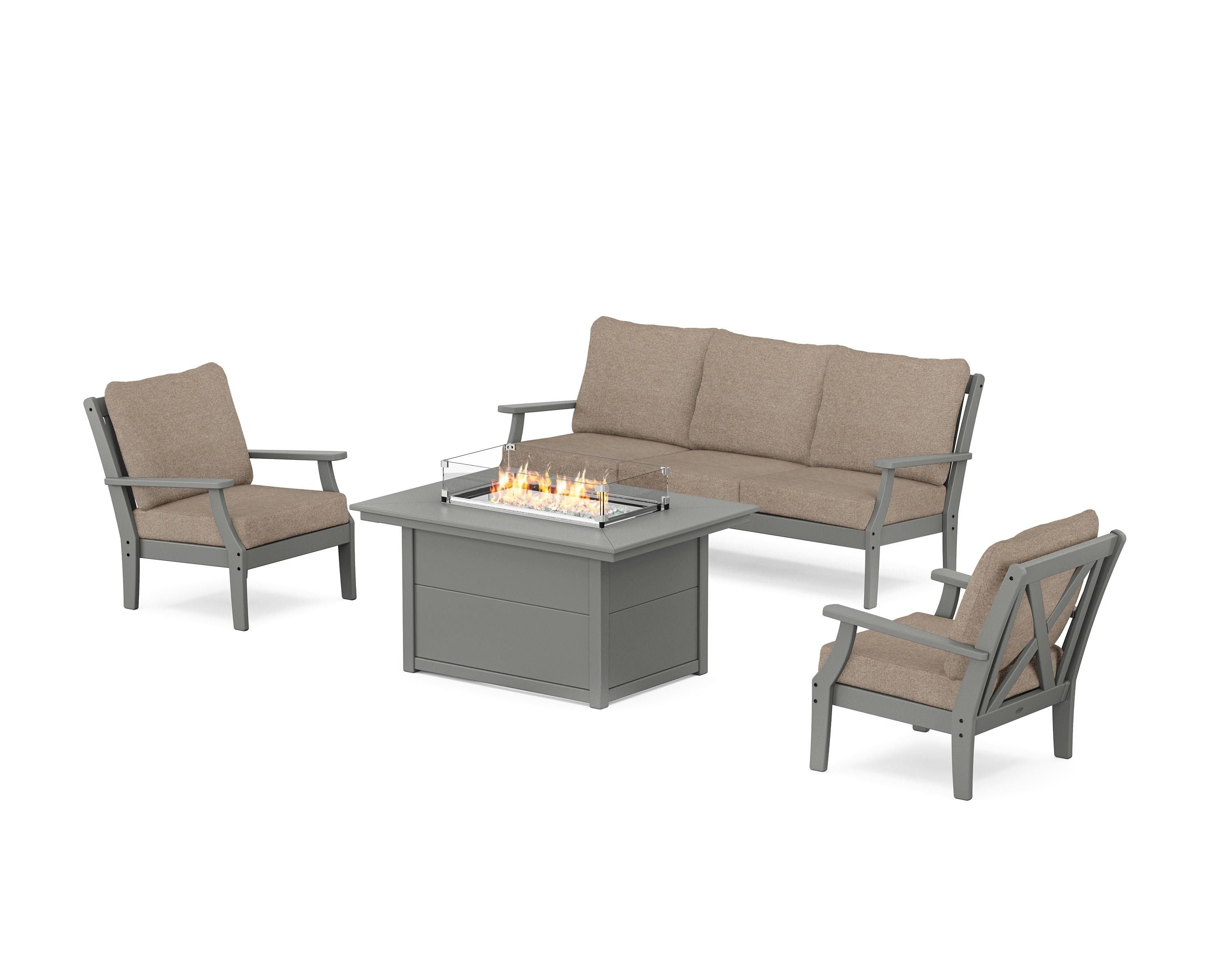 POLYWOOD® Braxton Deep Seating Fire Pit Table Set in Slate Grey / Spiced Burlap