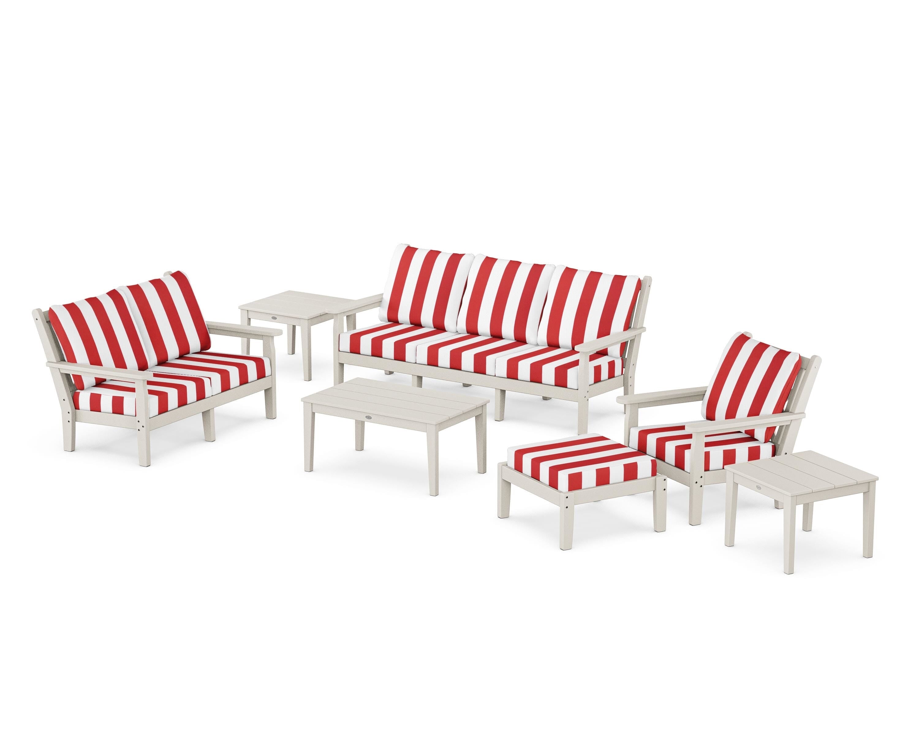 POLYWOOD® Chippendale 7-Piece Deep Seating Set in Sand / Cabana Stripe Crimson