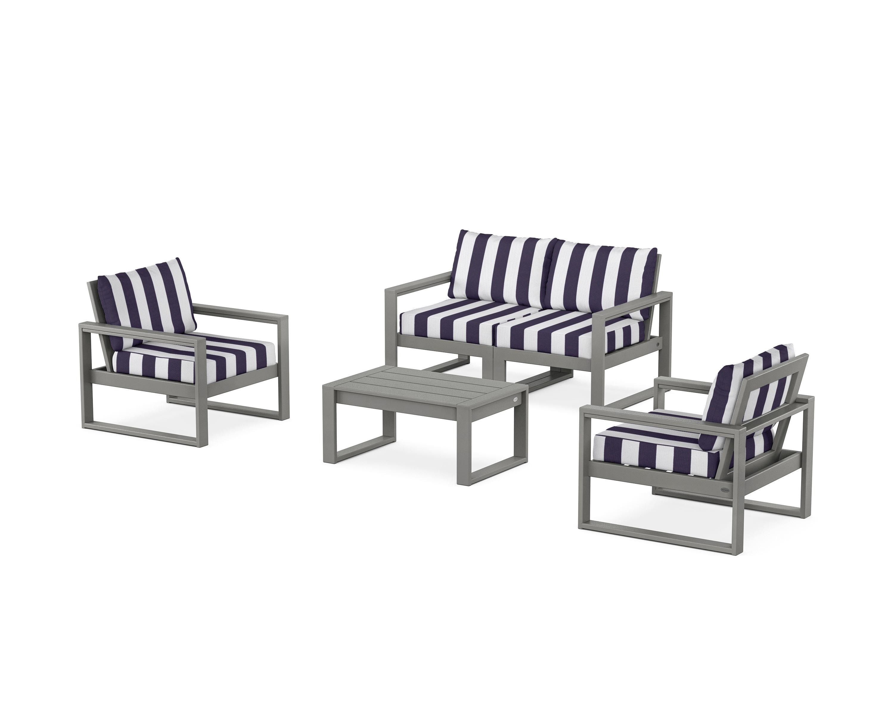 POLYWOOD® EDGE Sectional 4-Piece Deep Seating Set with Loveseat in Slate Grey / Cabana Stripe Navy
