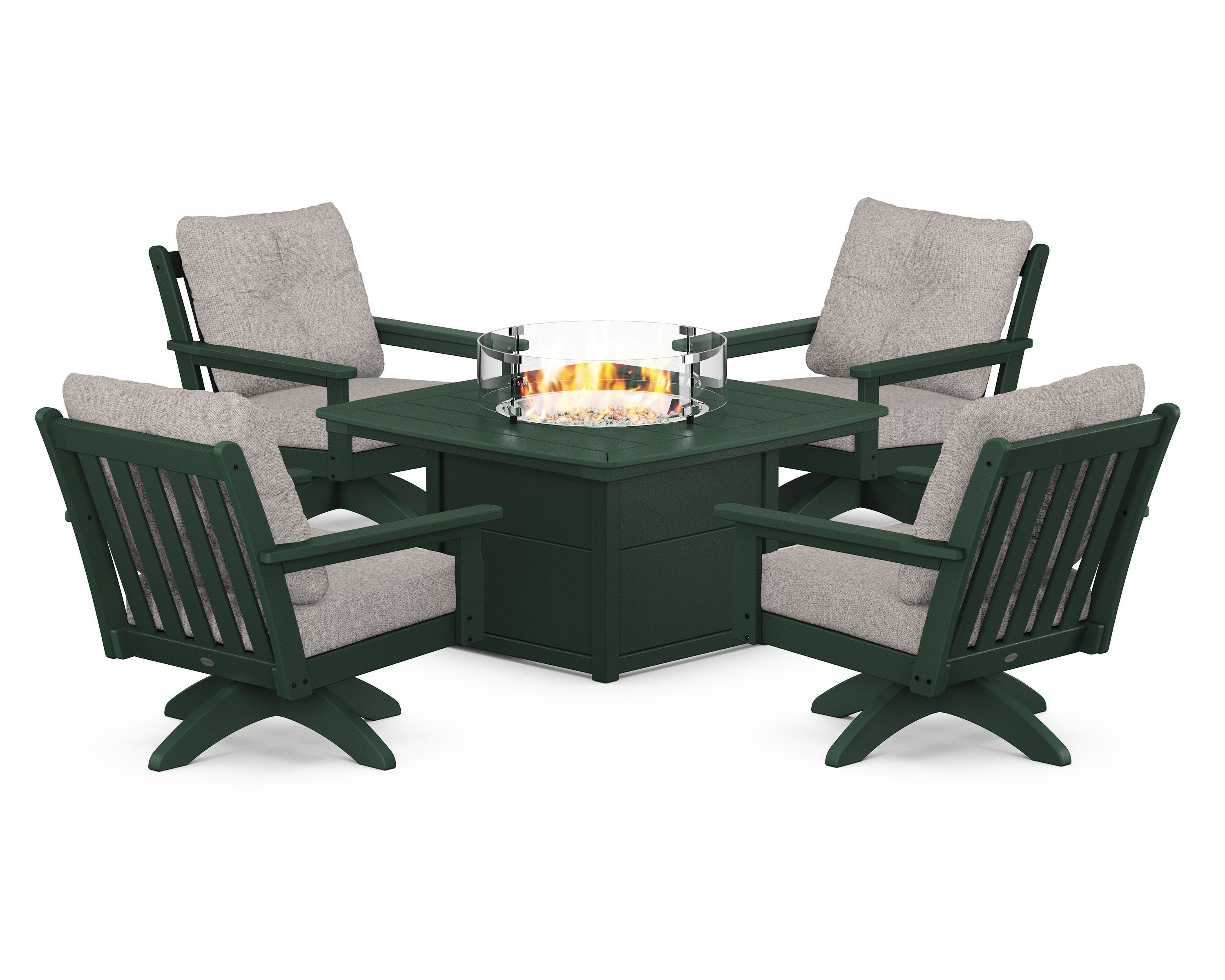 POLYWOOD® Vineyard 5-Piece Deep Seating Swivel Conversation Set with Fire Pit Table in Green / Weathered Tweed