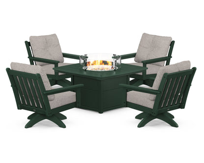 POLYWOOD® Vineyard 5-Piece Deep Seating Swivel Conversation Set with Fire Pit Table in Green / Weathered Tweed