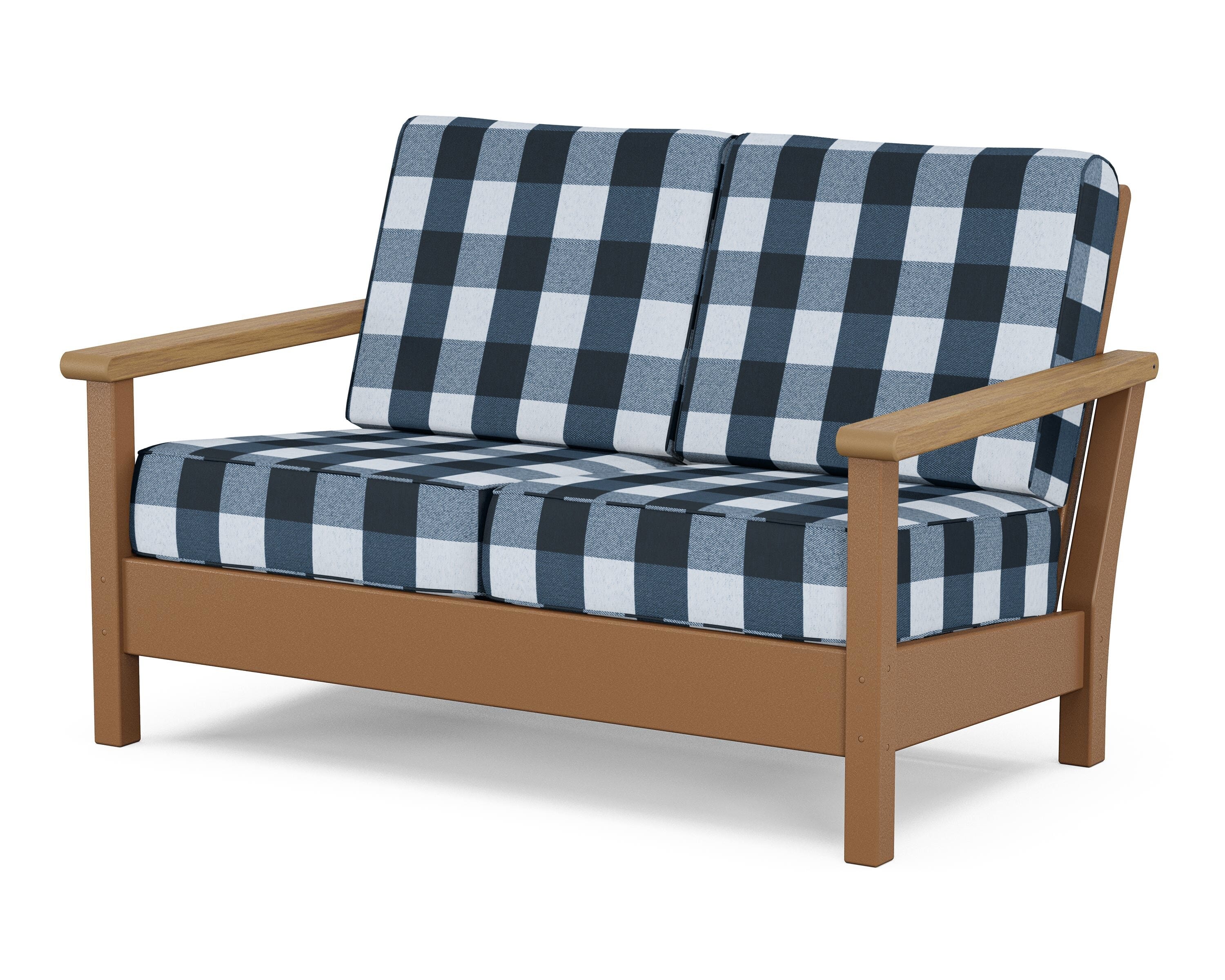 POLYWOOD® Harbour Deep Seating Loveseat in Teak / Natural / Buffalo Plaid Marine Indigo