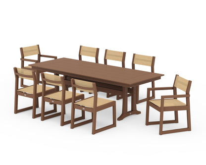 POLYWOOD® EDGE Sling 9-Piece Farmhouse Trestle Dining Set in Teak / Dupioni Apricot Sling