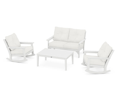 POLYWOOD® Vineyard 4-Piece Deep Seating Rocking Chair Set in White / Natural Linen