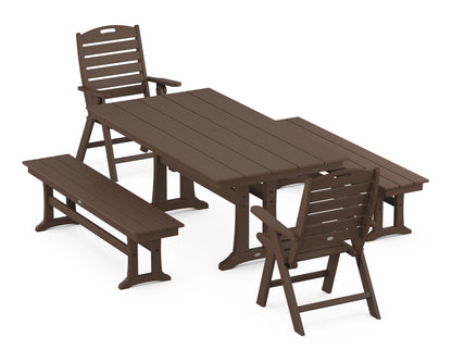 POLYWOOD® Nautical Folding Highback Chair 5-Piece Farmhouse Dining Set With Trestle Legs and Benches in Mahogany