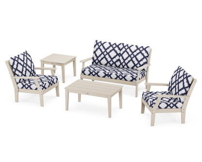 POLYWOOD® Braxton 5-Piece Deep Seating Set in Sand / Trellis Navy