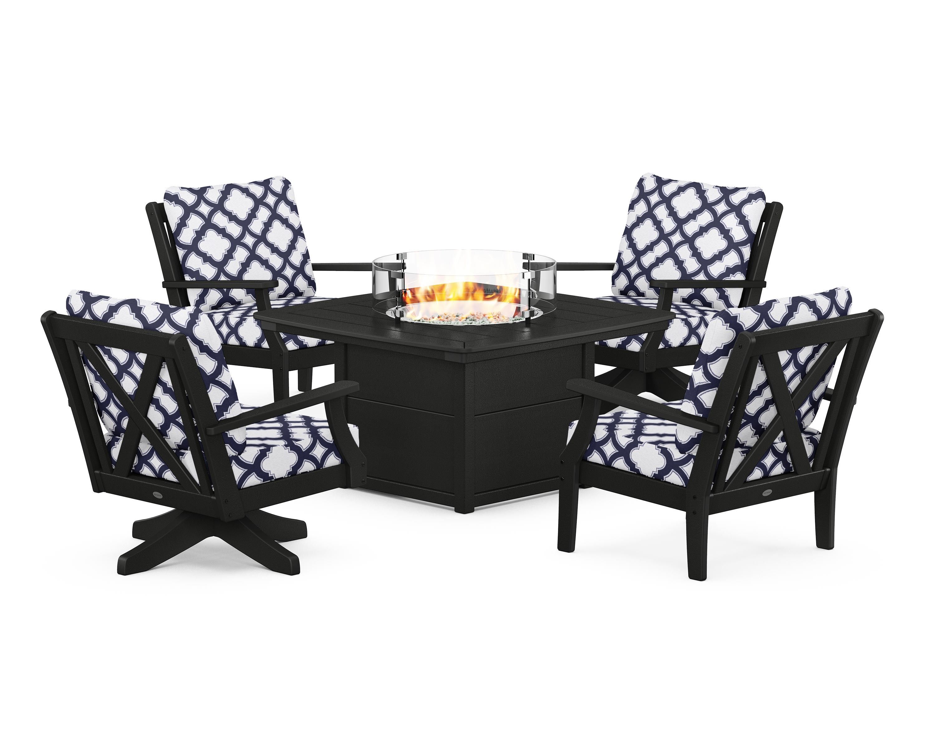 POLYWOOD® Braxton 5-Piece Deep Seating Set with Fire Table in Black / Trellis Navy