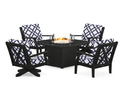 POLYWOOD® Braxton 5-Piece Deep Seating Set with Fire Table in Black / Trellis Navy