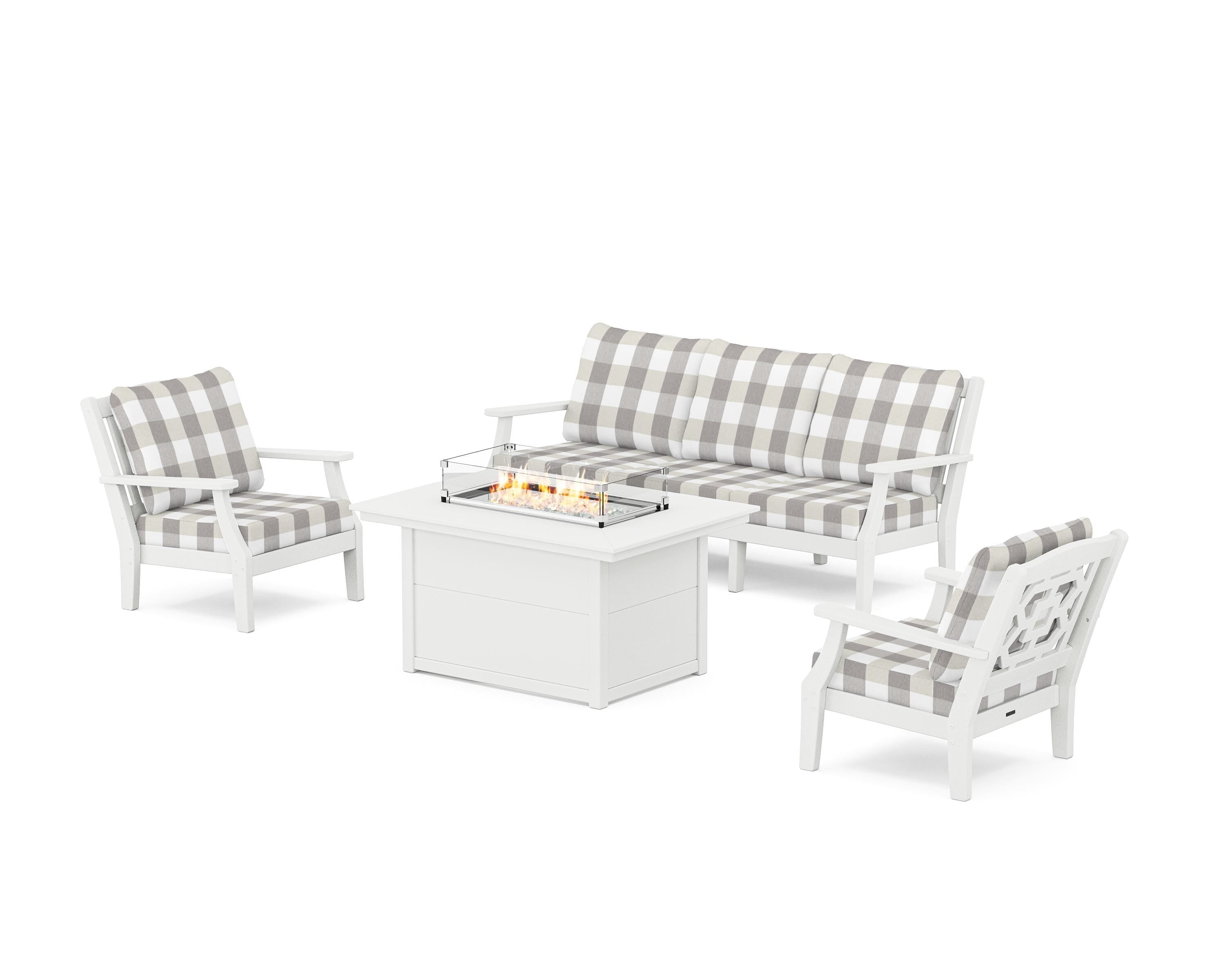 Martha Stewart by POLYWOOD® Chinoiserie Deep Seating Fire Pit Table Set in White / Buffalo Plaid Grey Mist