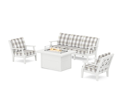 Martha Stewart by POLYWOOD® Chinoiserie Deep Seating Fire Pit Table Set in White / Buffalo Plaid Grey Mist