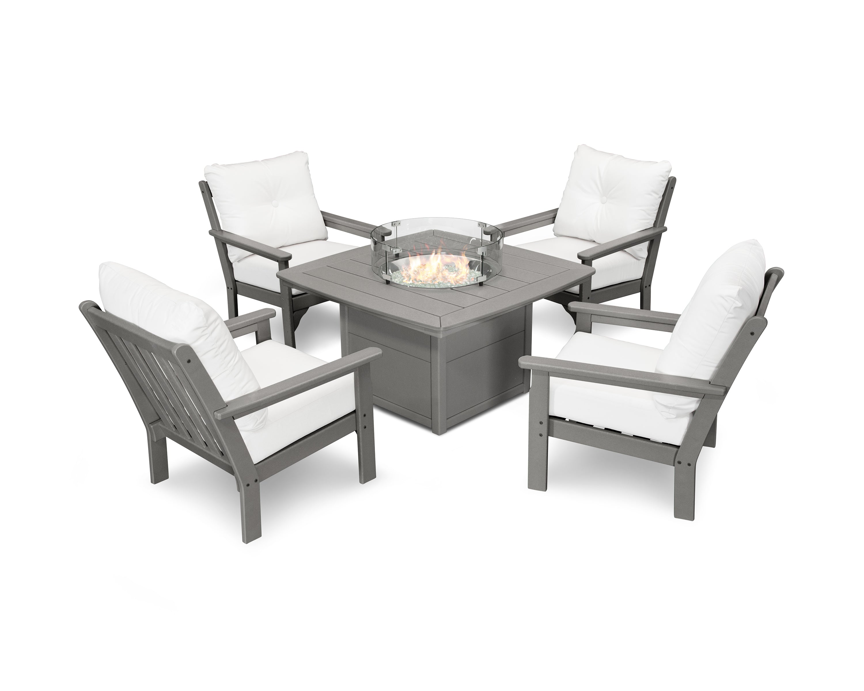 POLYWOOD® Vineyard 5-Piece Conversation Set with Fire Pit Table in Slate Grey / Natural