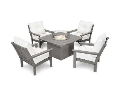 POLYWOOD® Vineyard 5-Piece Conversation Set with Fire Pit Table in Slate Grey / Natural