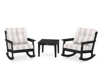 POLYWOOD® Vineyard 3-Piece Deep Seating Rocker Set in Black / Buffalo Plaid Dune Burlap