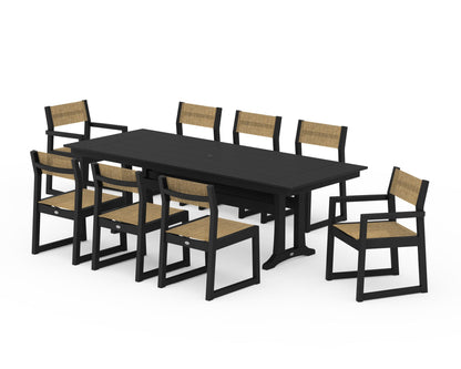 POLYWOOD® EDGE Sling 9-Piece Farmhouse Trestle Dining Set in Black / Burlap Sling