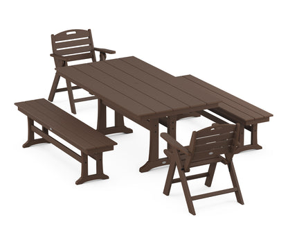 POLYWOOD® Nautical Folding Lowback Chair 5-Piece Farmhouse Dining Set With Trestle Legs in Mahogany