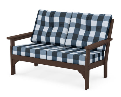 POLYWOOD® Vineyard Deep Seating Loveseat in Mahogany / Buffalo Plaid Marine Indigo