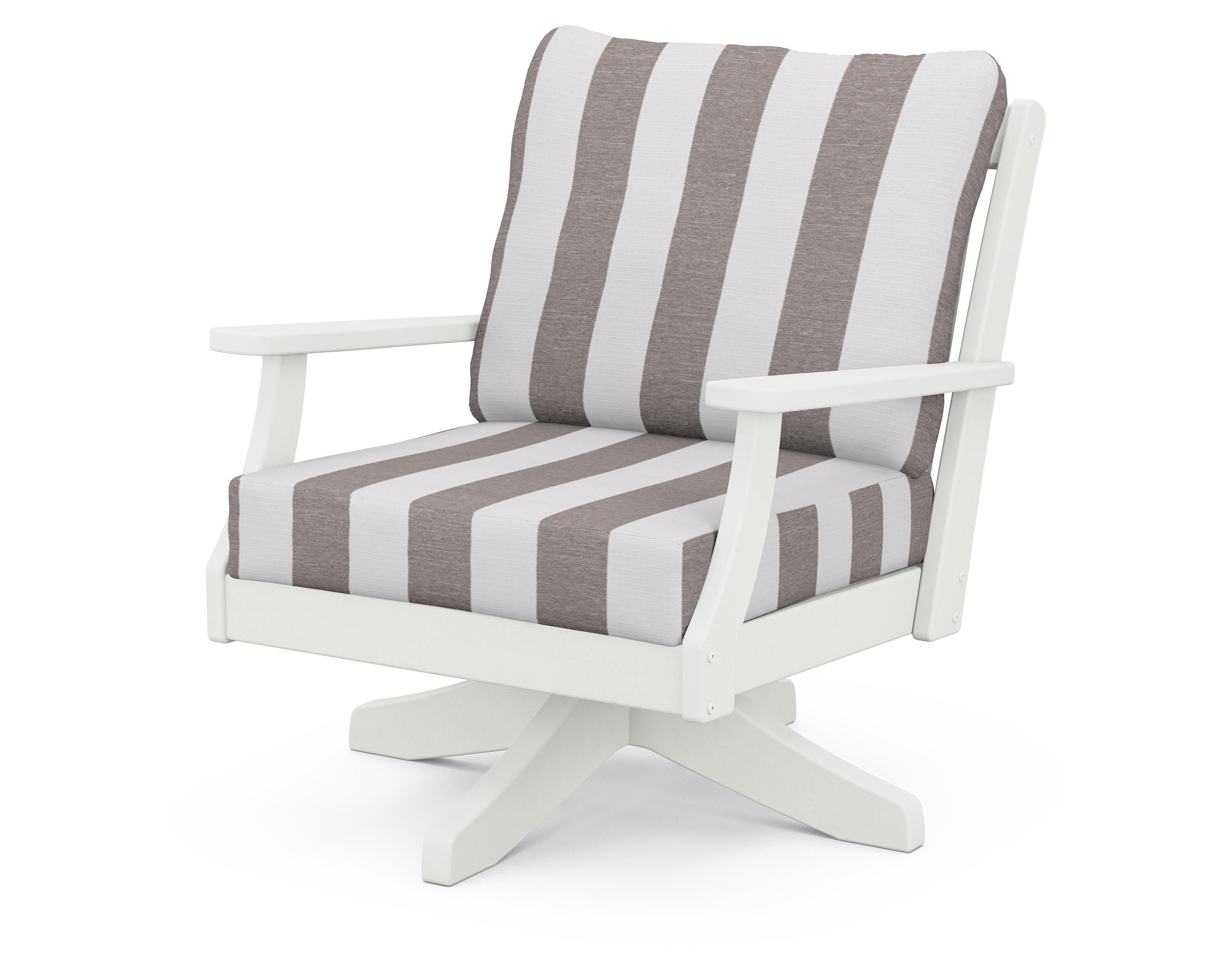 POLYWOOD® Braxton Deep Seating Swivel Chair in Vintage White / Cabana Stripe Grey Mist