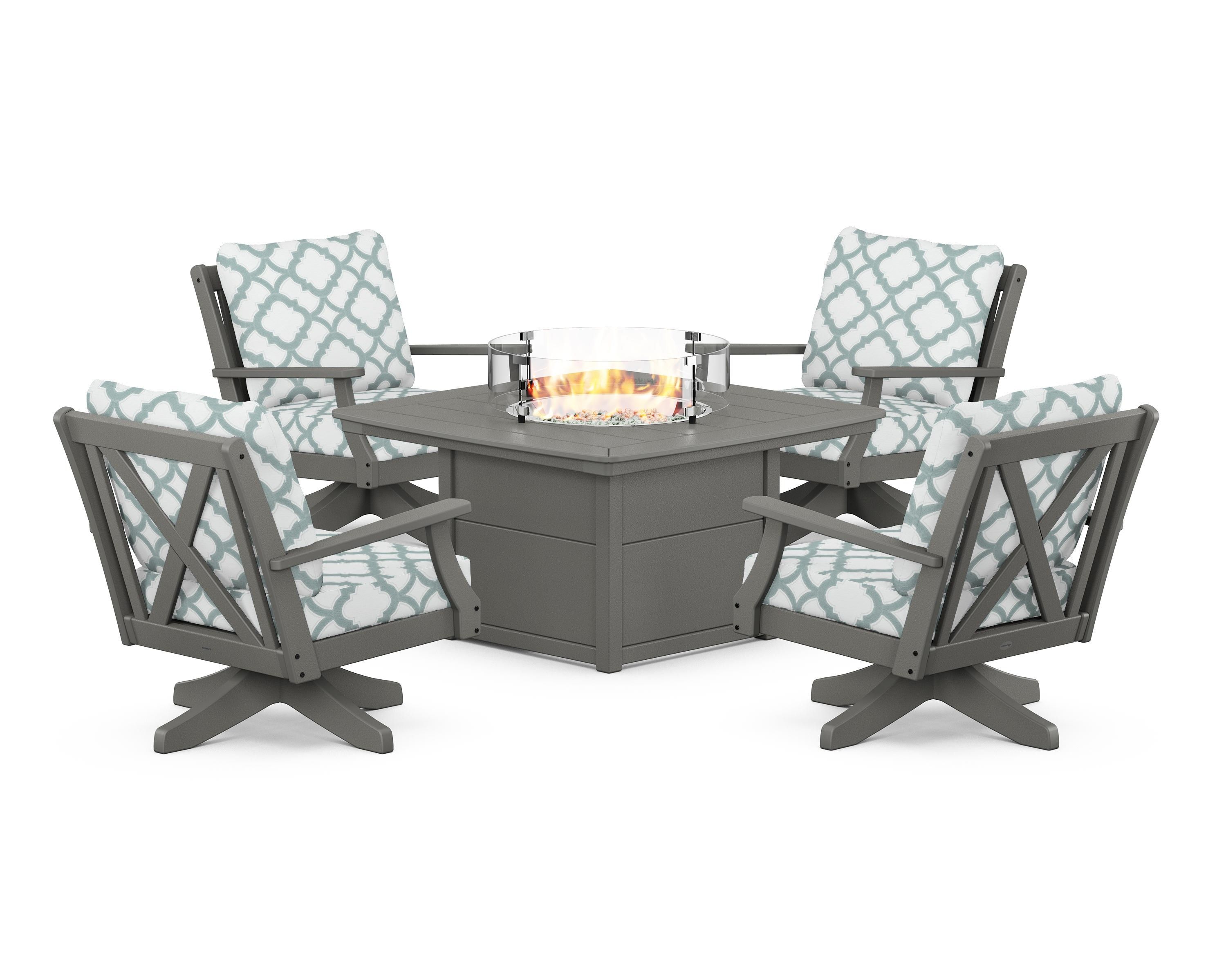 POLYWOOD® Braxton 5-Piece Deep Seating Swivel Conversation Set with Fire Pit Table in Slate Grey / Trellis Glacier Spa
