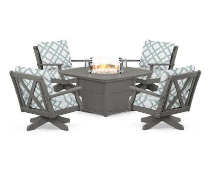POLYWOOD® Braxton 5-Piece Deep Seating Swivel Conversation Set with Fire Pit Table in Slate Grey / Trellis Glacier Spa