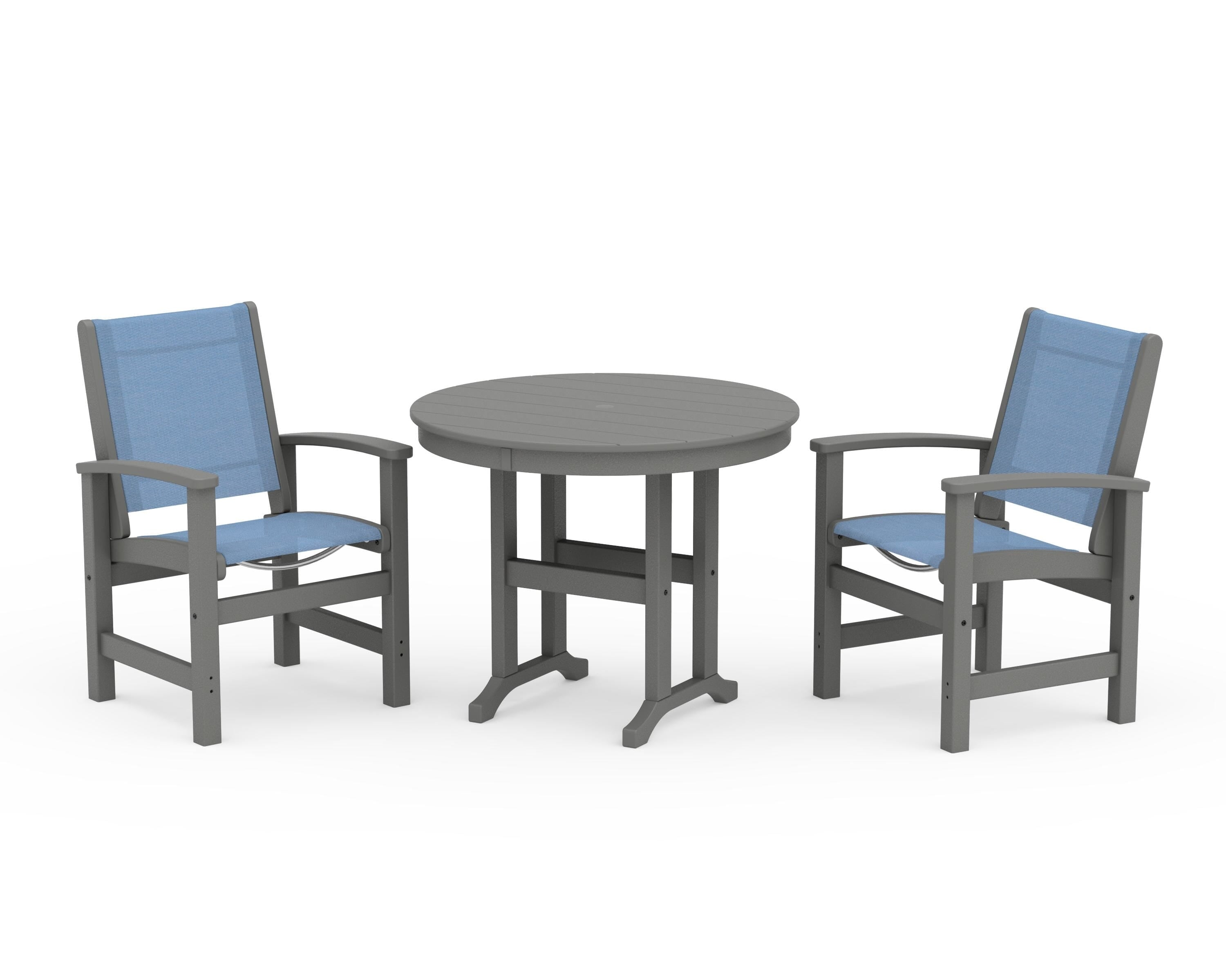 POLYWOOD® Coastal 3-Piece Round Dining Set in Slate Grey / Poolside Sling