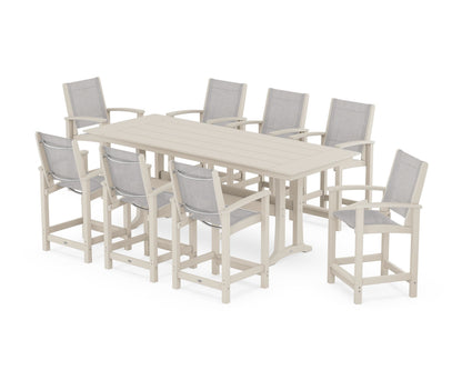 POLYWOOD® Coastal 9-Piece Farmhouse Counter Set with Trestle Legs in Sand / Parchment Sling