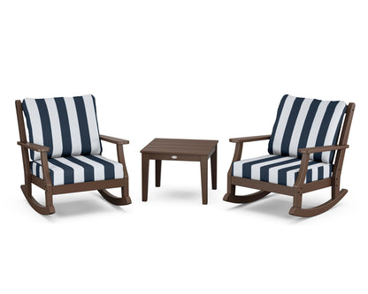 Country Living Wovendale 3-Piece Deep Seating Rocker Set in Mahogany / Cabana Stripe Marine Indigo