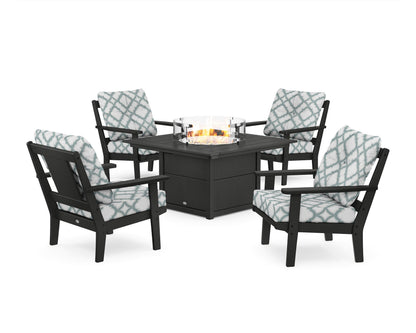 POLYWOOD® Prairie 5-Piece Deep Seating Set with Fire Pit Table in Black / Trellis Glacier Spa