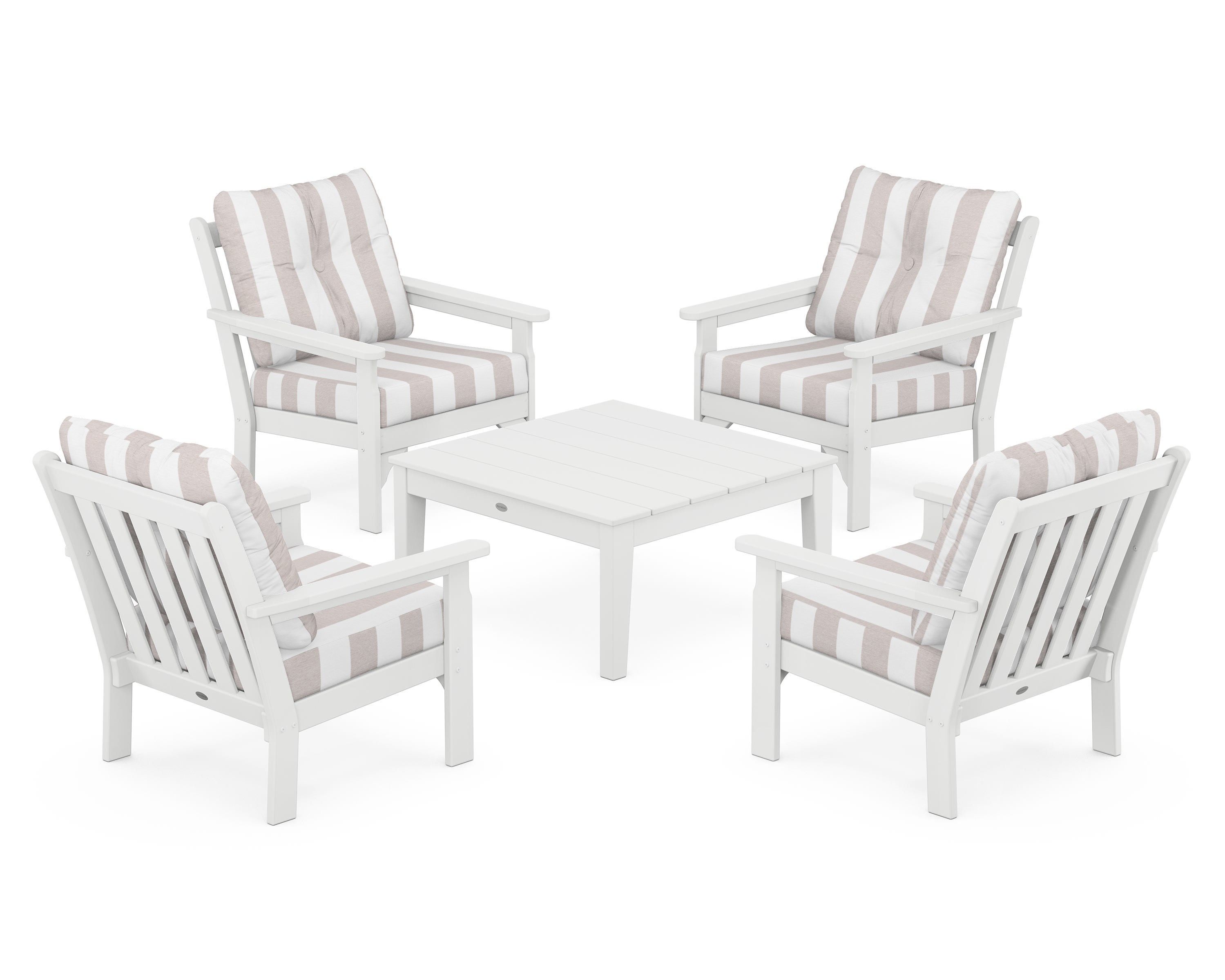 POLYWOOD® Vineyard 5-Piece Deep Seating Conversation Set in White / Cabana Stripe Dune Burlap