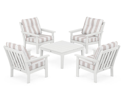 POLYWOOD® Vineyard 5-Piece Deep Seating Conversation Set in White / Cabana Stripe Dune Burlap